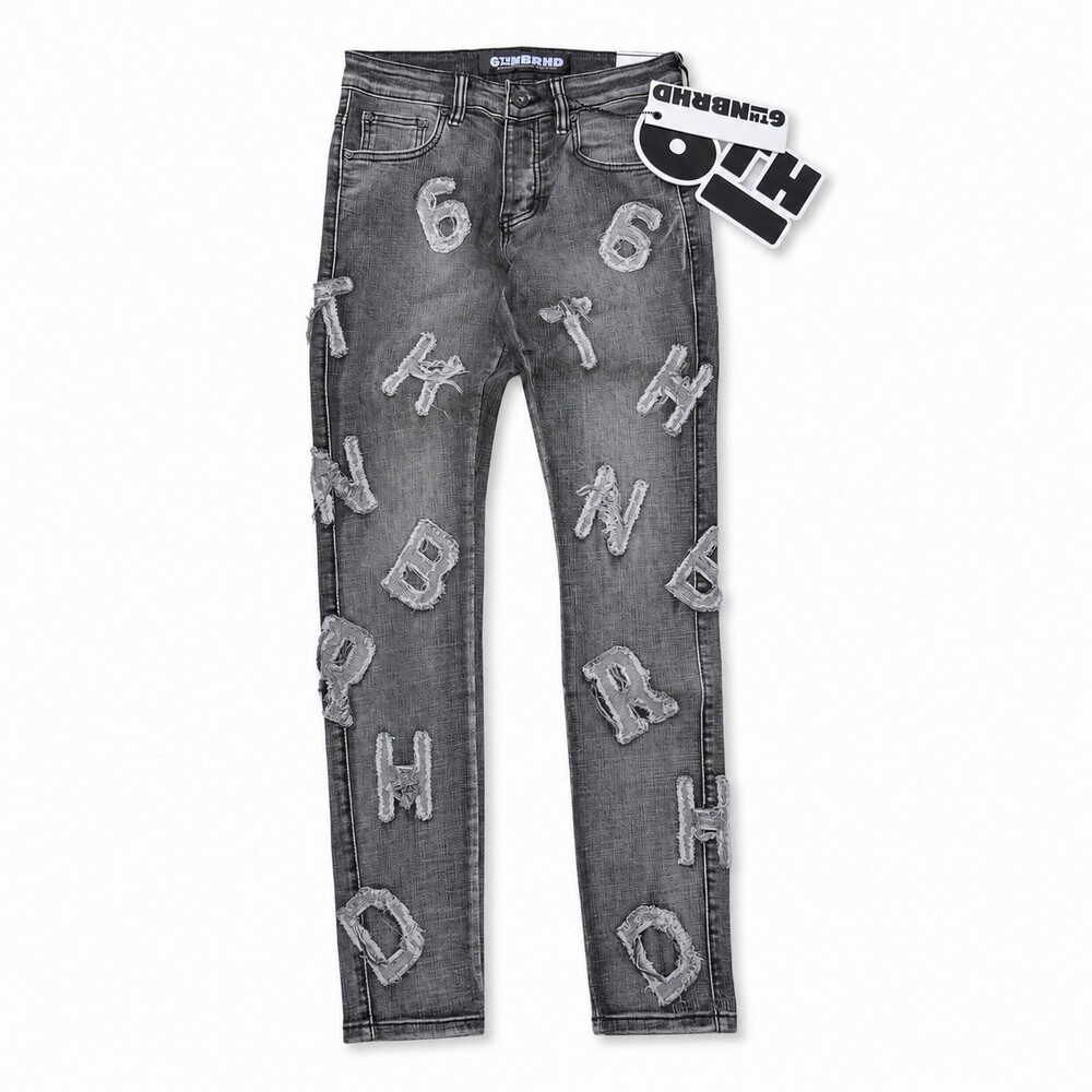 6th NBRHD Piece Men’s Skinny Jeans Gray Distressed Letter Patch 28 NWT